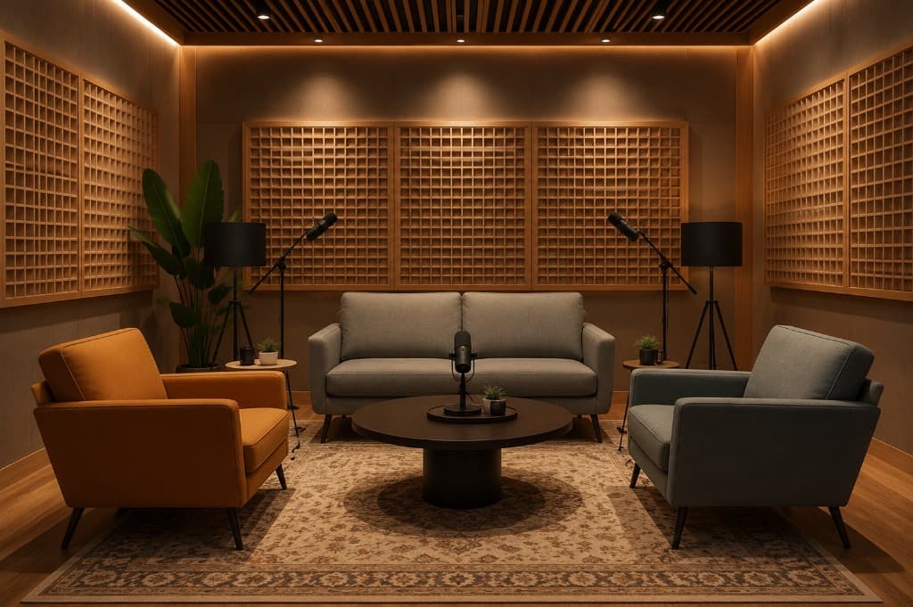 Warm podcast lounge studio with microphones and seating